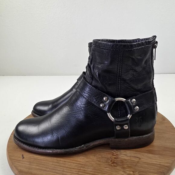 Frye Phillip Harness Short Ankle Boots Women's Size 7.5 B Black Leather Zip Moto - Picture 1 of 15